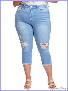 Women's Plus Size Cuff Capri Jeans High Rise Stretch Denim